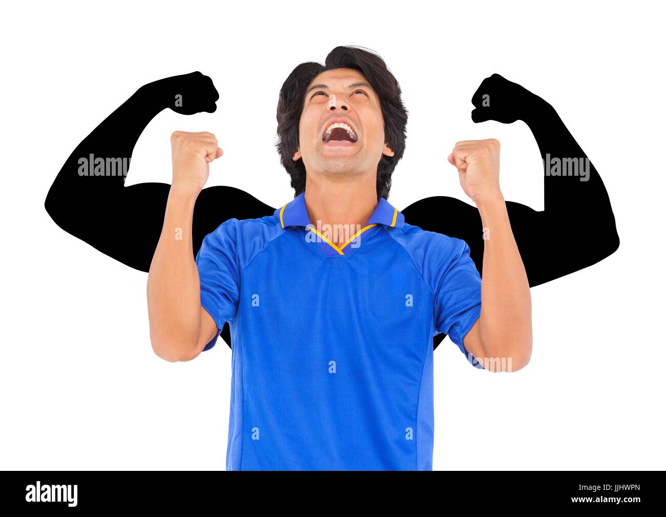 happy man celebrating with the hands up with fists draw behind Stock Photo