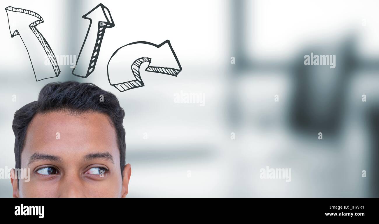 Top of man's head and upward 3D  arrows against blurry grey office Stock Photo