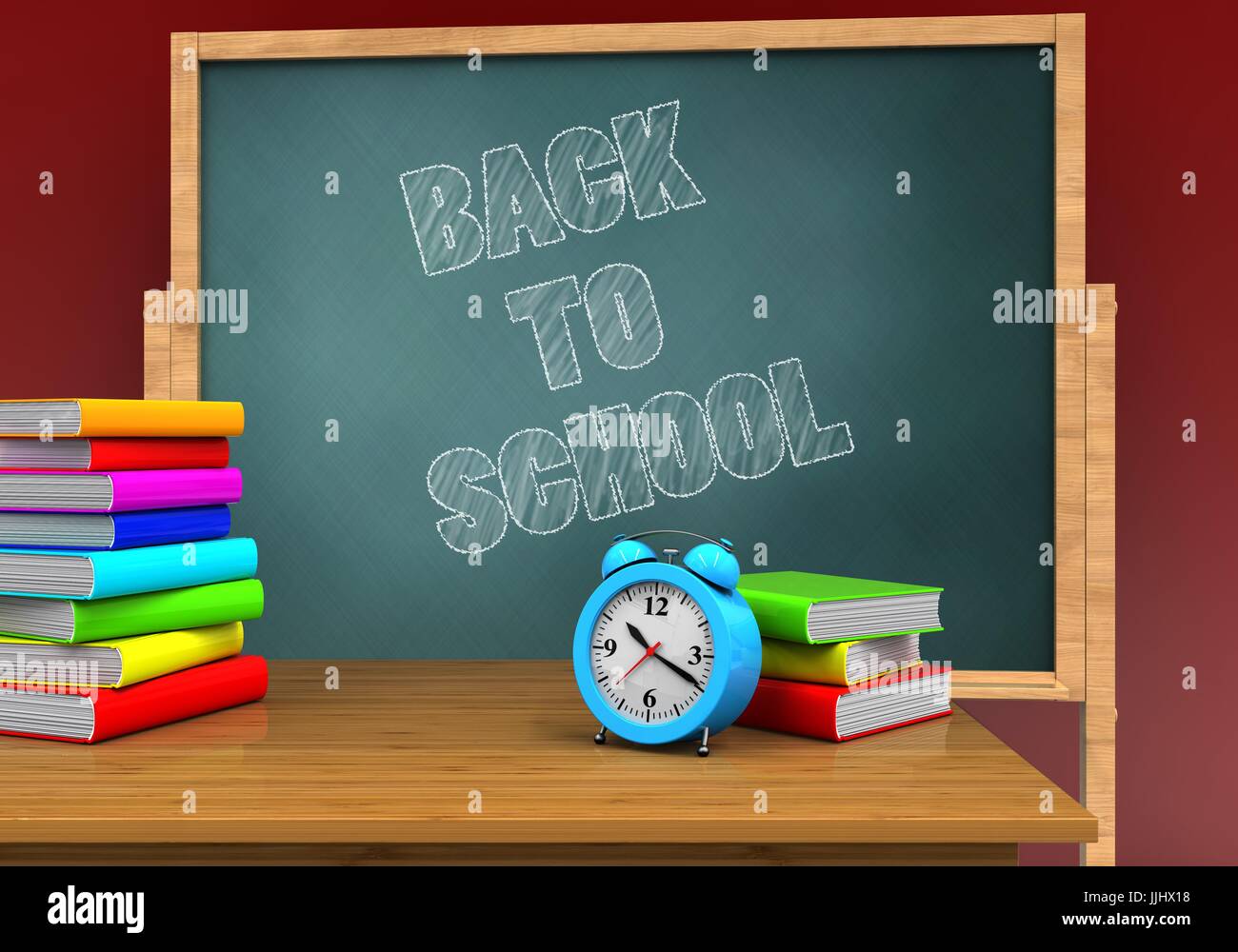 3d illustration of board with back to school text and alarm clock Stock ...
