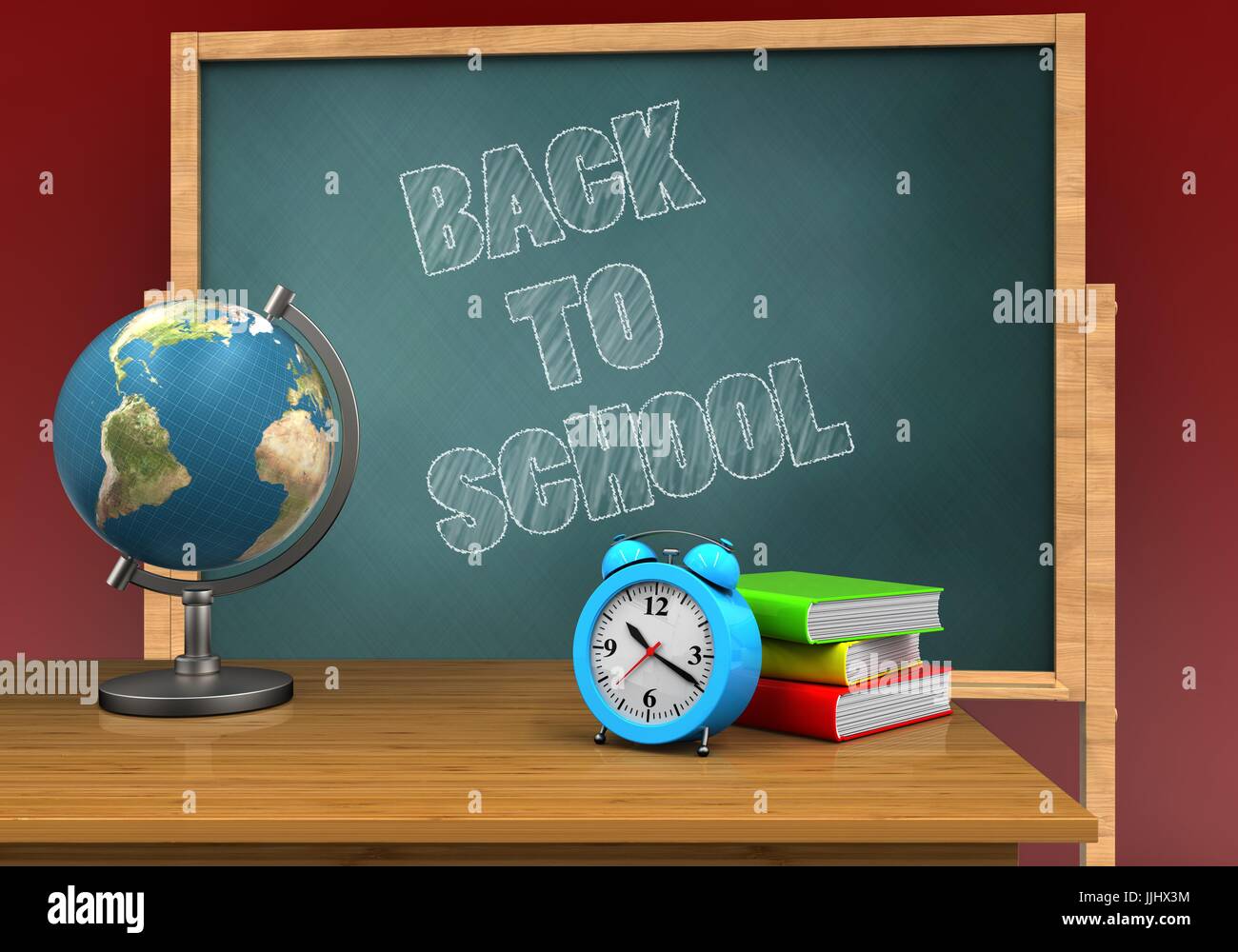 3d illustration of board with back to school text and alarm clock Stock ...