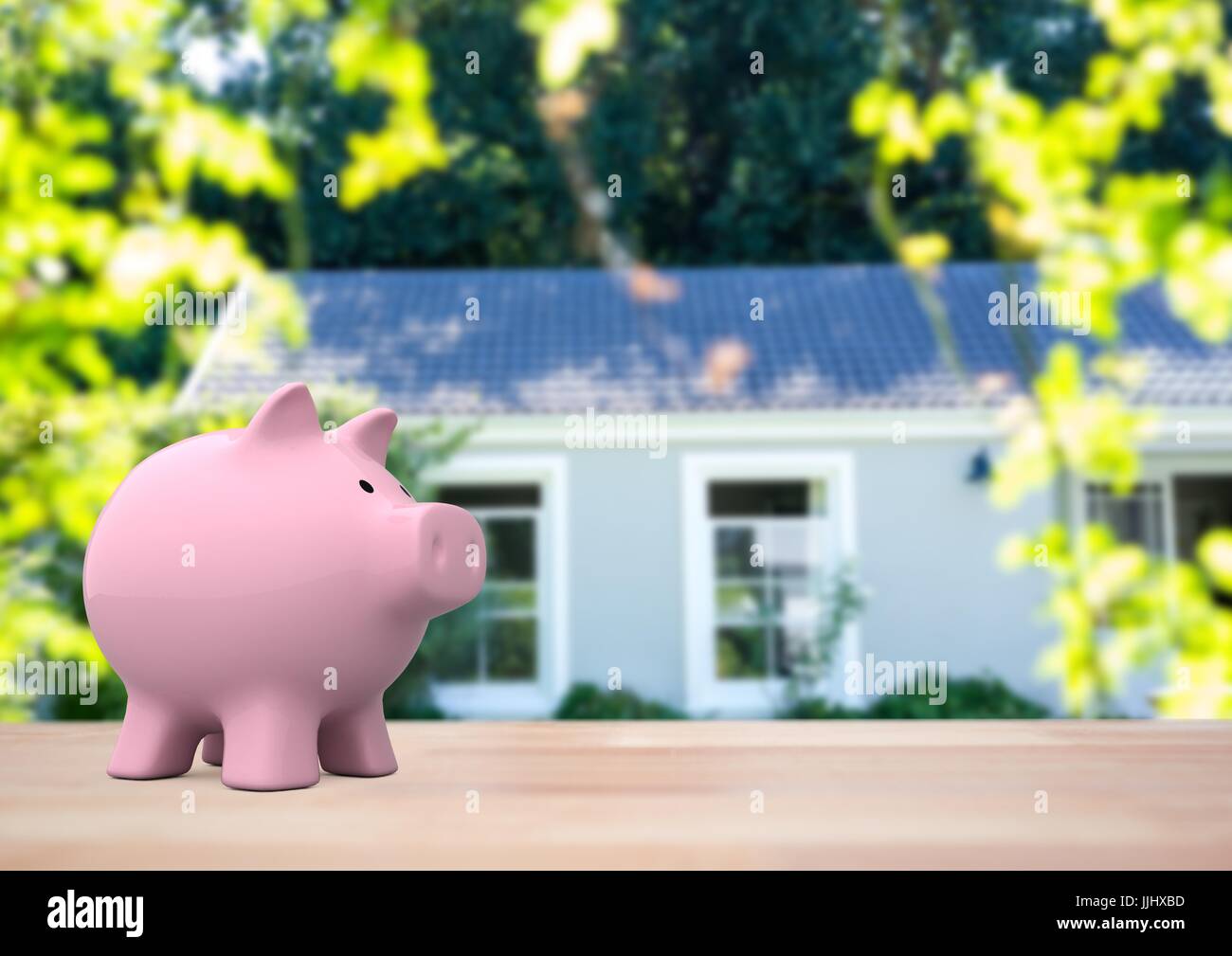 3d pink piggy bank against house  door(blurred) Stock Photo