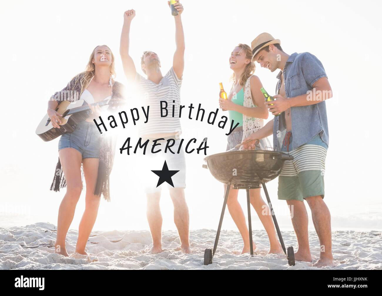 Grey fourth of July graphic against millennials at beach party and flares Stock Photo