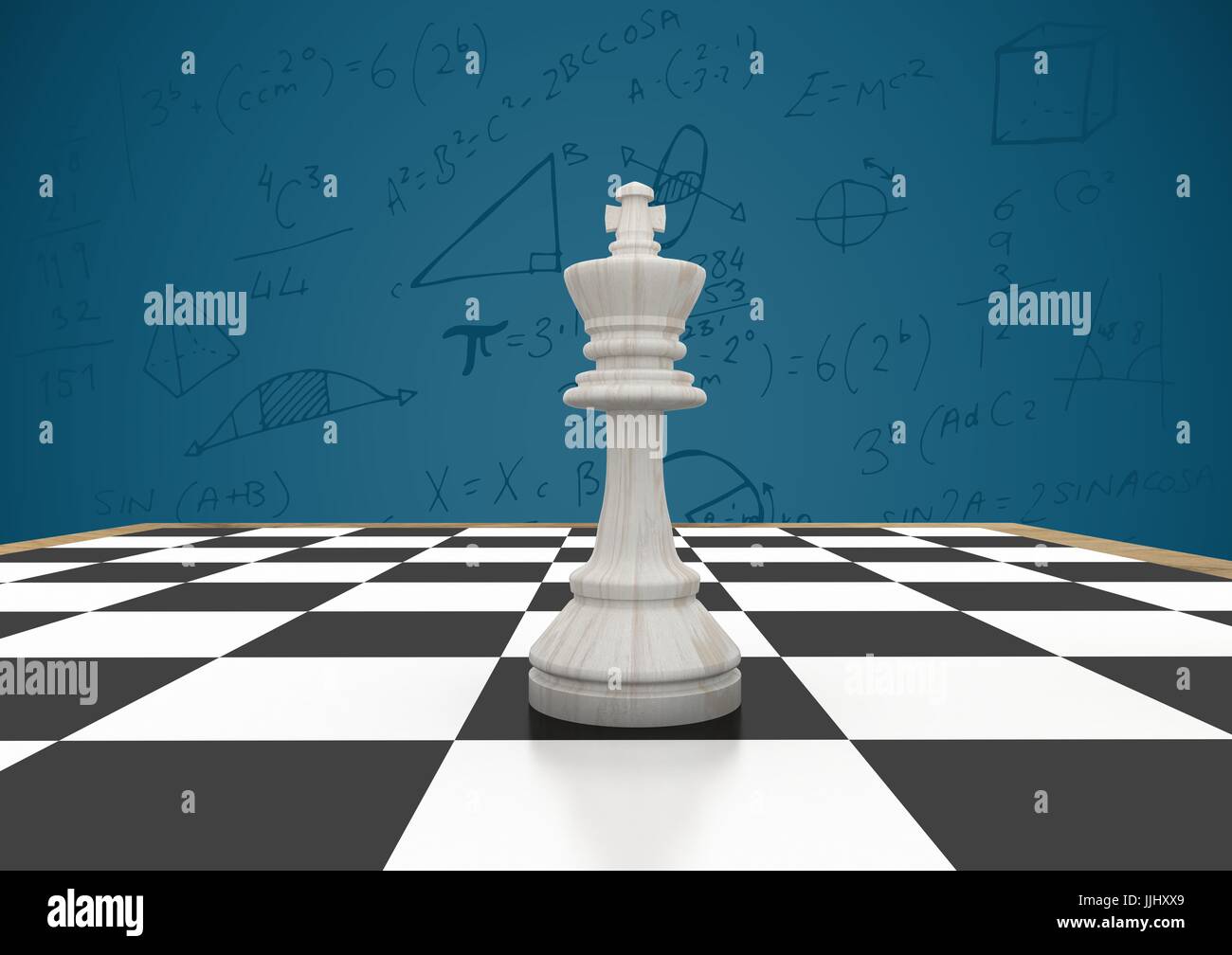 3D Chess piece against blue background with math doodles Stock Photo