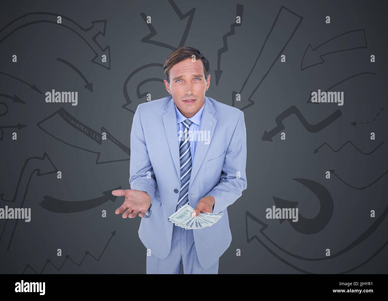 Business man with money against grey background and arrow graphics Stock Photo