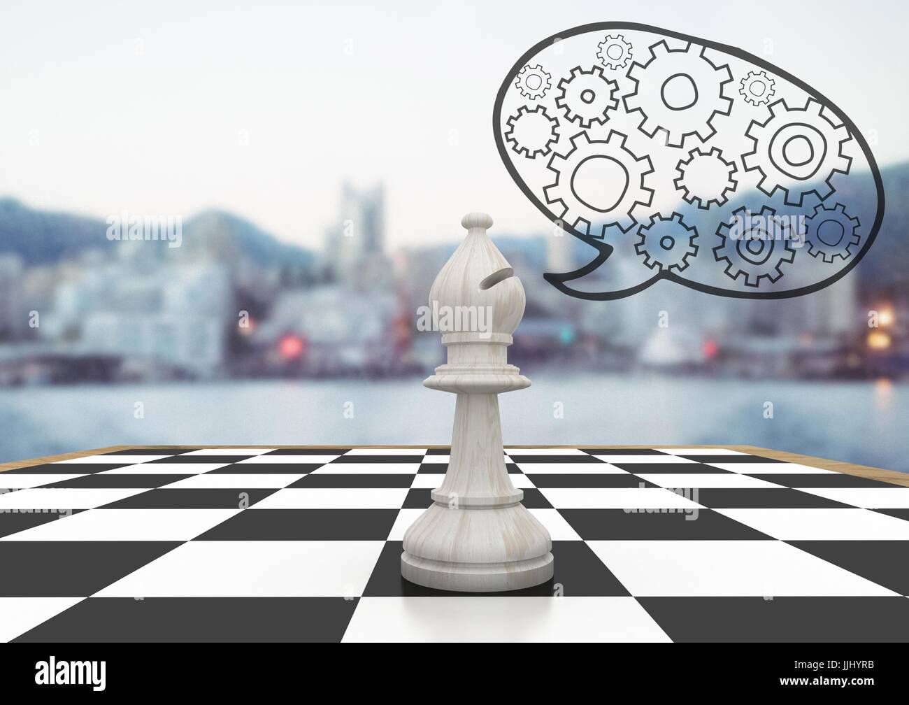 3D Chess piece against blurry skyline and speech bubble with cogs Stock Photo