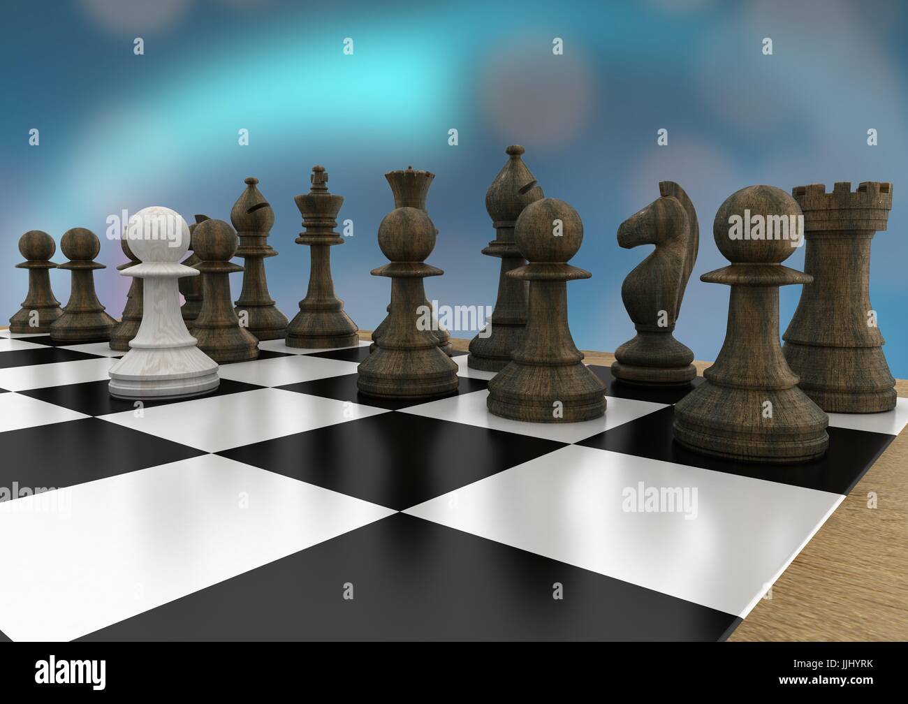 3d Chess pieces against blue bokeh Stock Photo