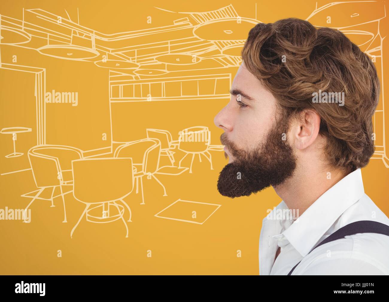 Millennial man with beard against 3d orange and white hand drawn office Stock Photo