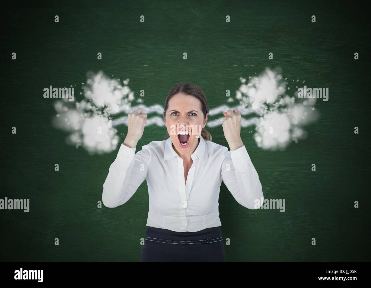 anger young woman shouting with 3D steam on ears. Dark green background Stock Photo