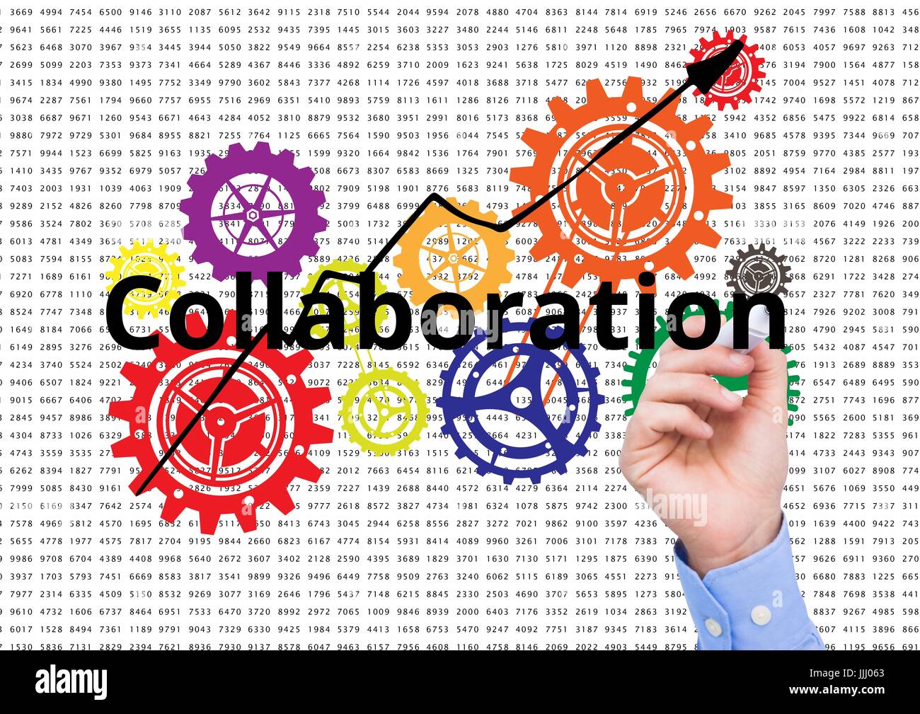 Collaboration write on the screen with color cogs. Numbers background Stock Photo