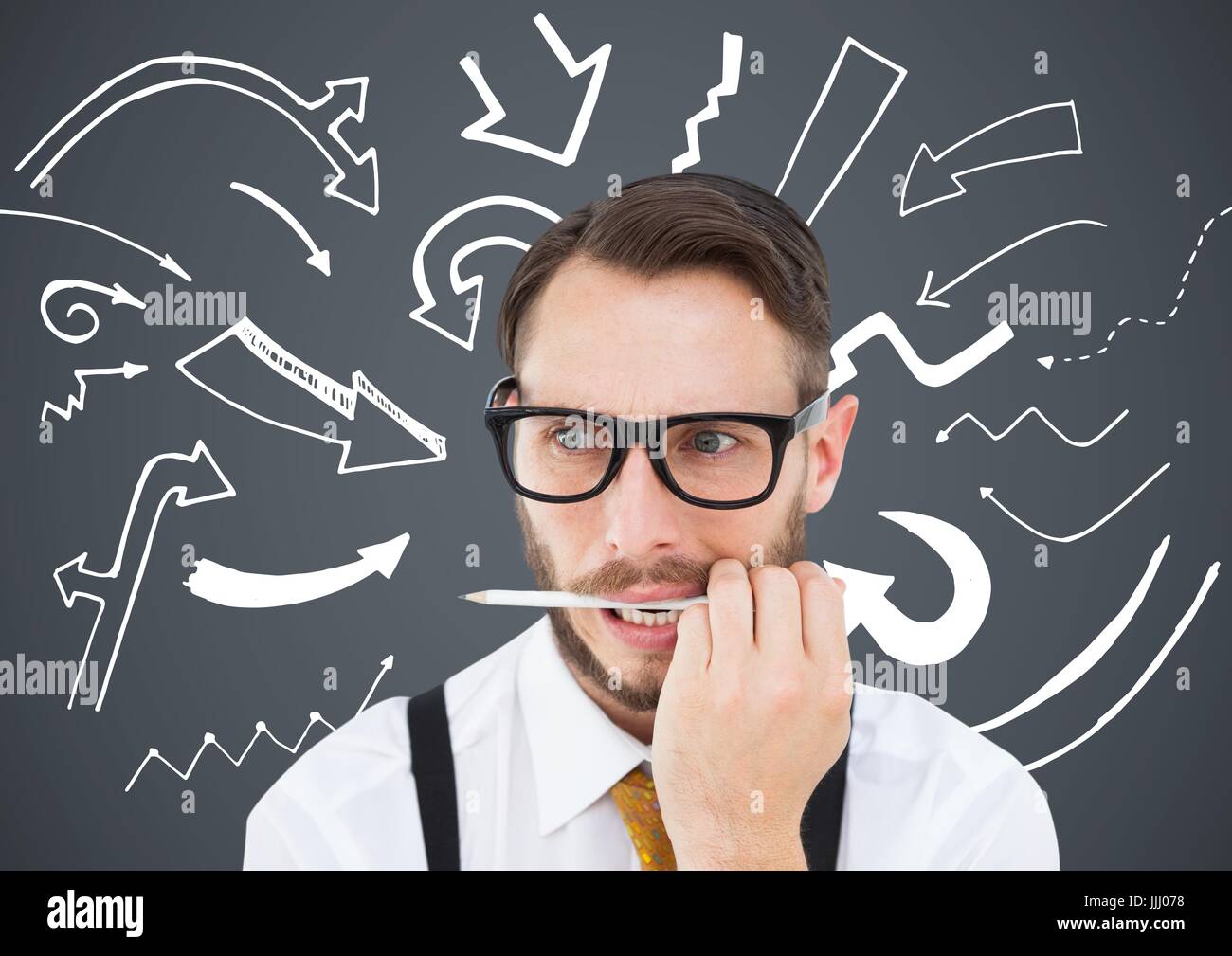 3d Frustrated business man with pen in mouth against grey background and white arrow graphics Stock Photo