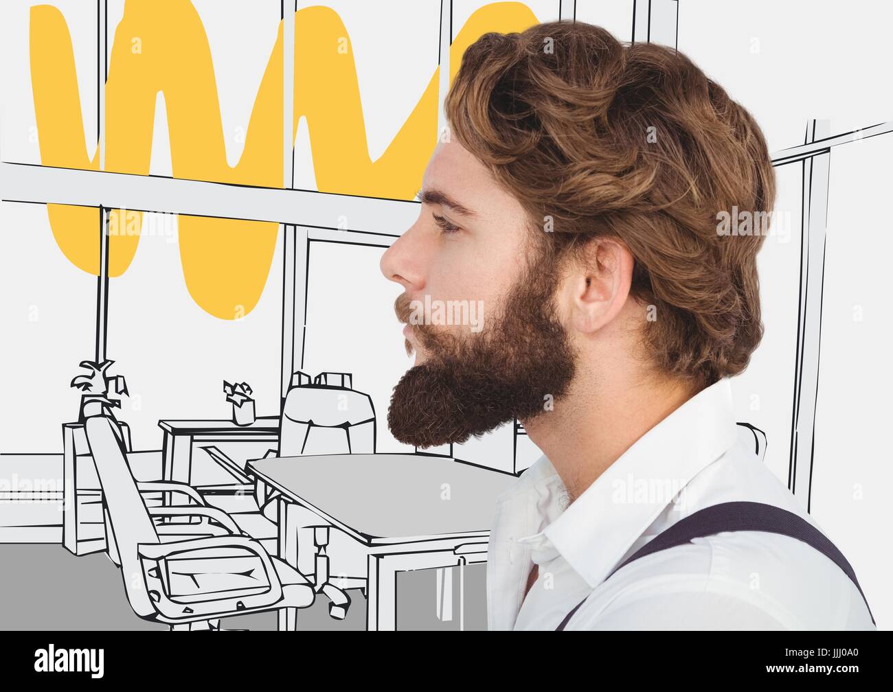 Millennial man with beard against 3D grey and yellow hand drawn office Stock Photo