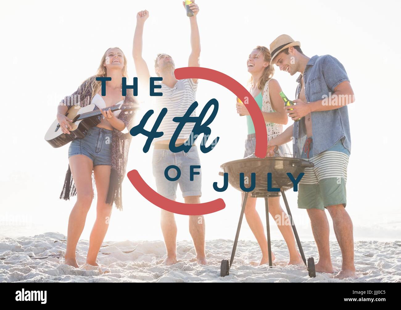 Fourth of July graphic against millennials at beach party Stock Photo