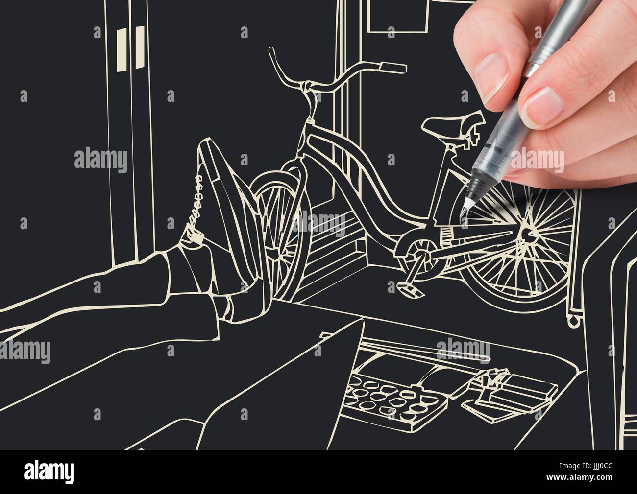 hand drawing 3D office lines in negative( white lines and dark background) Stock Photo