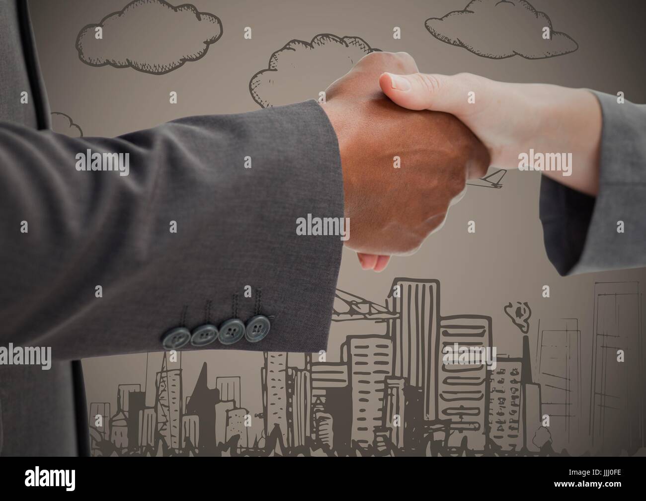 Business handshake against brown background with city doodles Stock Photo