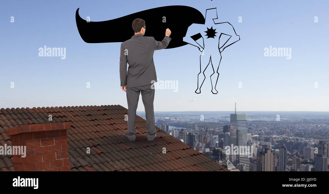Rear view of businessman on roof drawing 3d super hero in midair Stock Photo