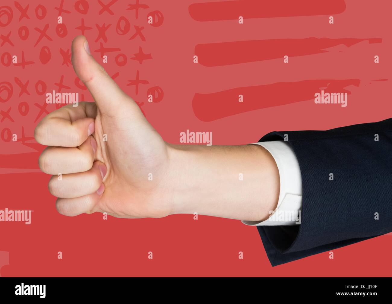 Hand giving thumbs up against red hand drawn american flag Stock Photo