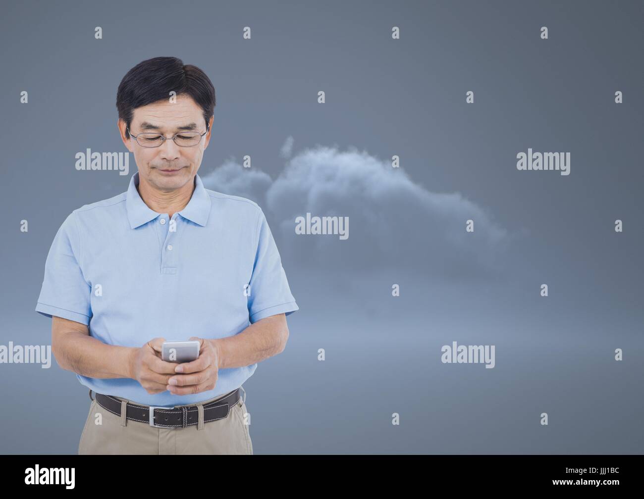 Man texting in front of a 3D dark cloud Stock Photo