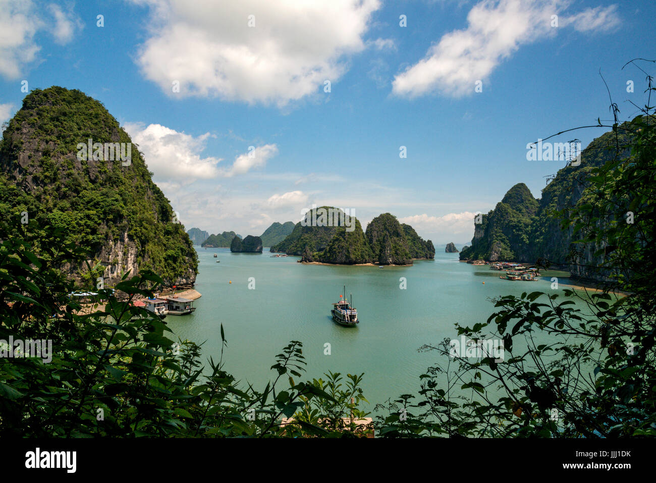 Scenic view of Halong Bay and boat cruising, Vietnam. Stock Photo