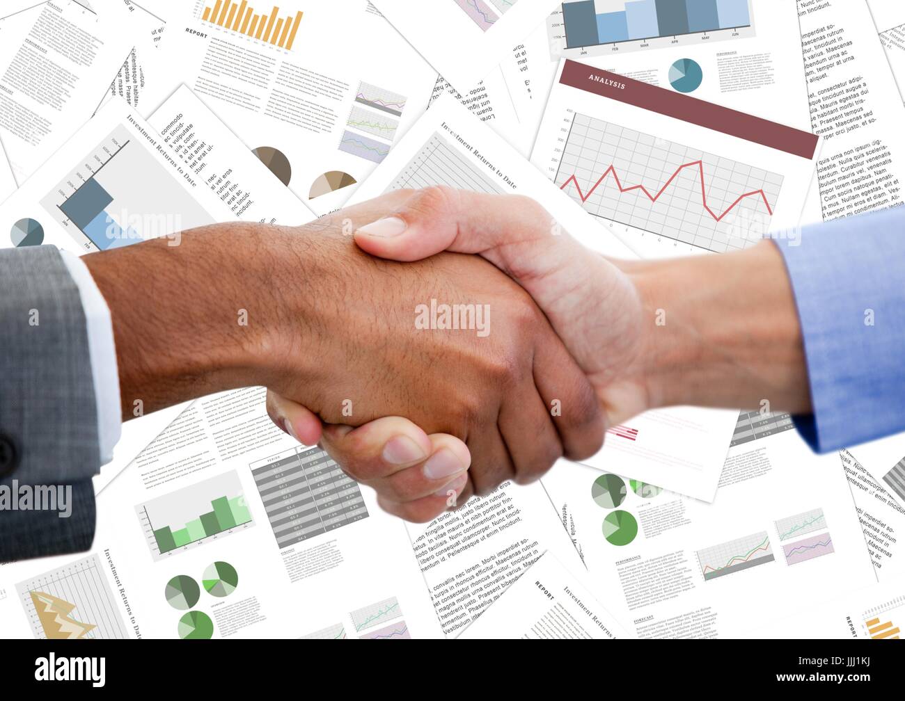 Handshake against document backdrop Stock Photo Alamy