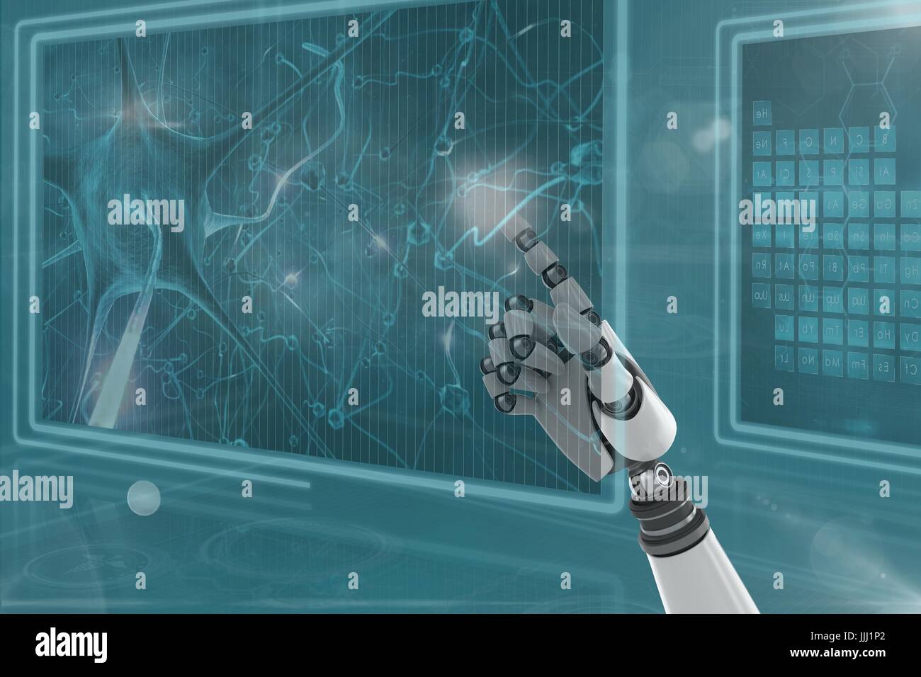 3D robot hand interacting with medical interfaces against blue background with flares Stock Photo