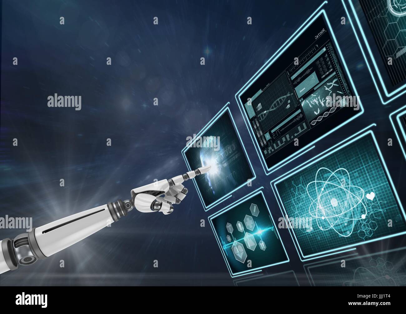 3D robot hand interacting with medical interfaces against purple background with flares Stock Photo