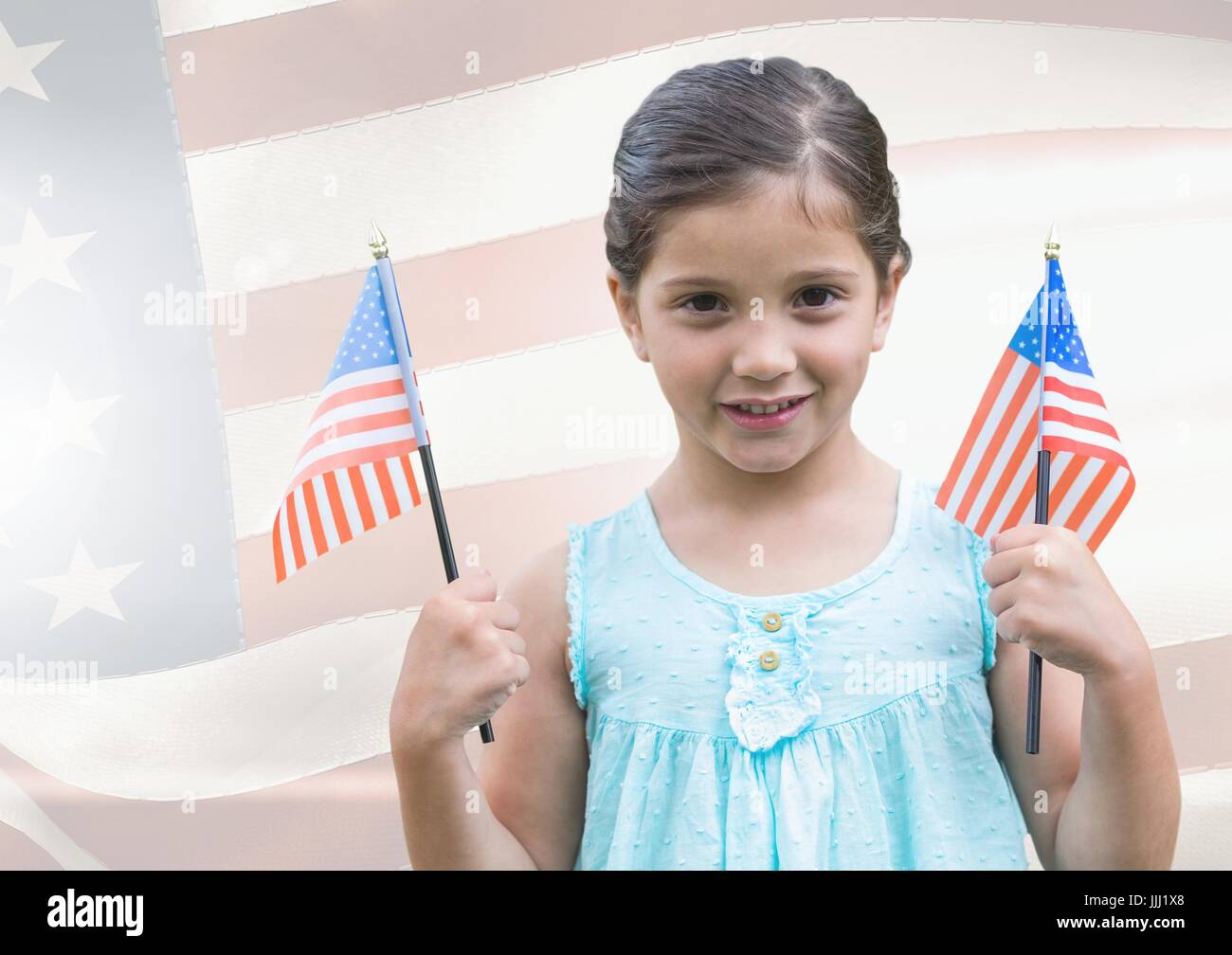 ILittle girl holding Americans flags against american flag Stock Photo ...