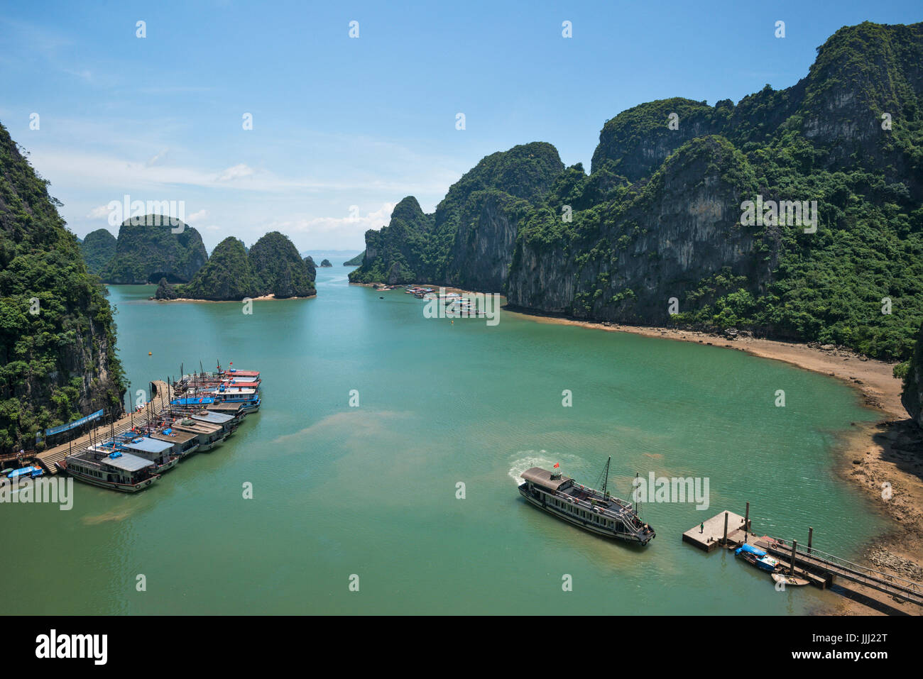 Scenic view of Halong Bay and boat cruising, Vietnam. Stock Photo
