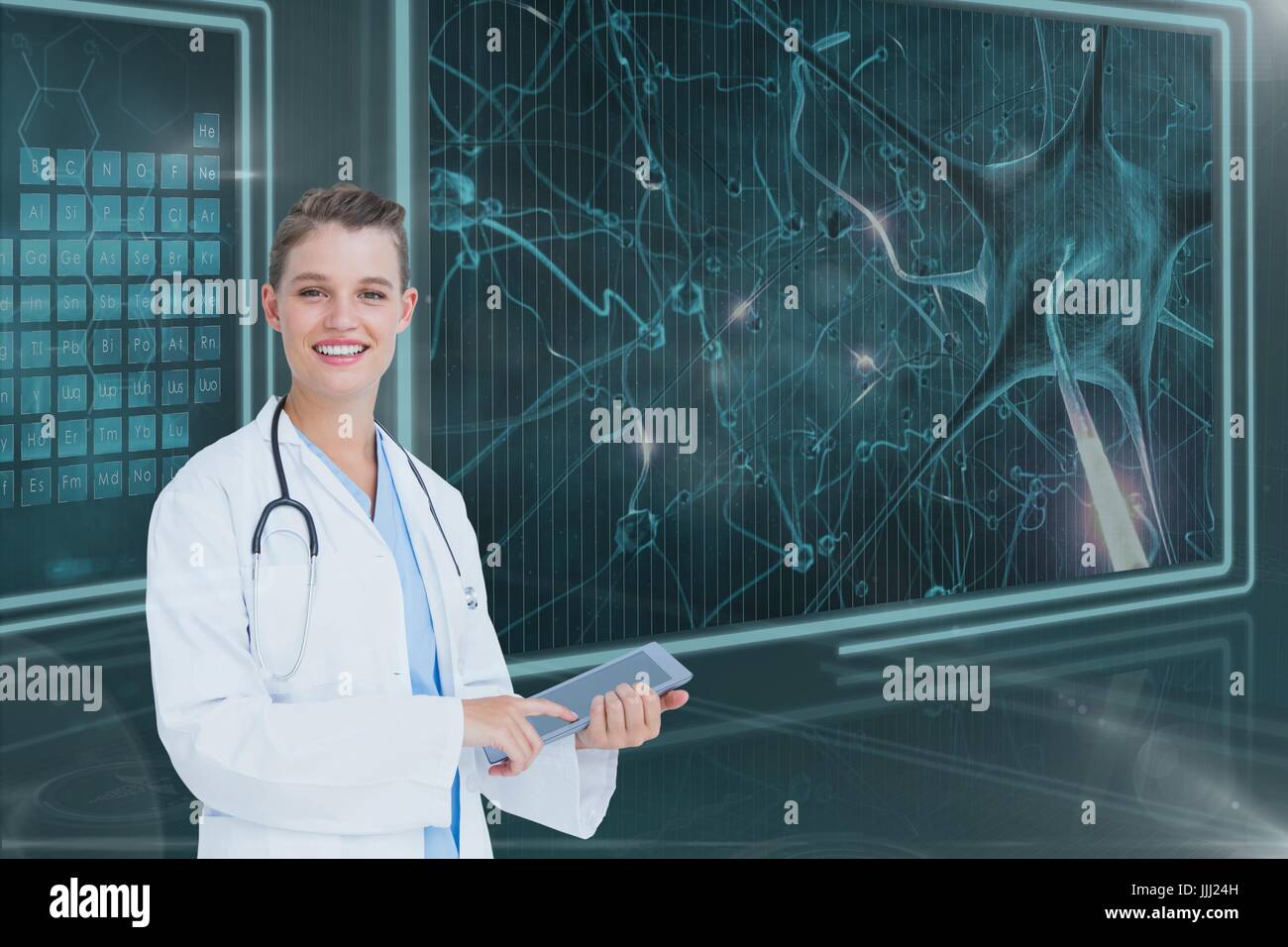 Woman doctor smiling against background with 3d medical interfaces and flares Stock Photo
