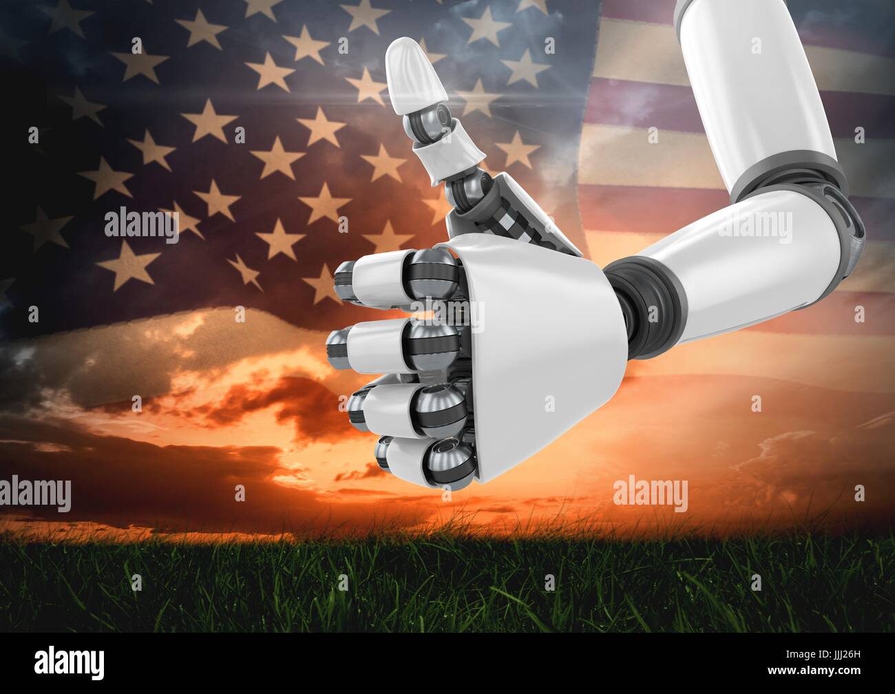 Robot with thumbs up against sunset and american flag Stock Photo