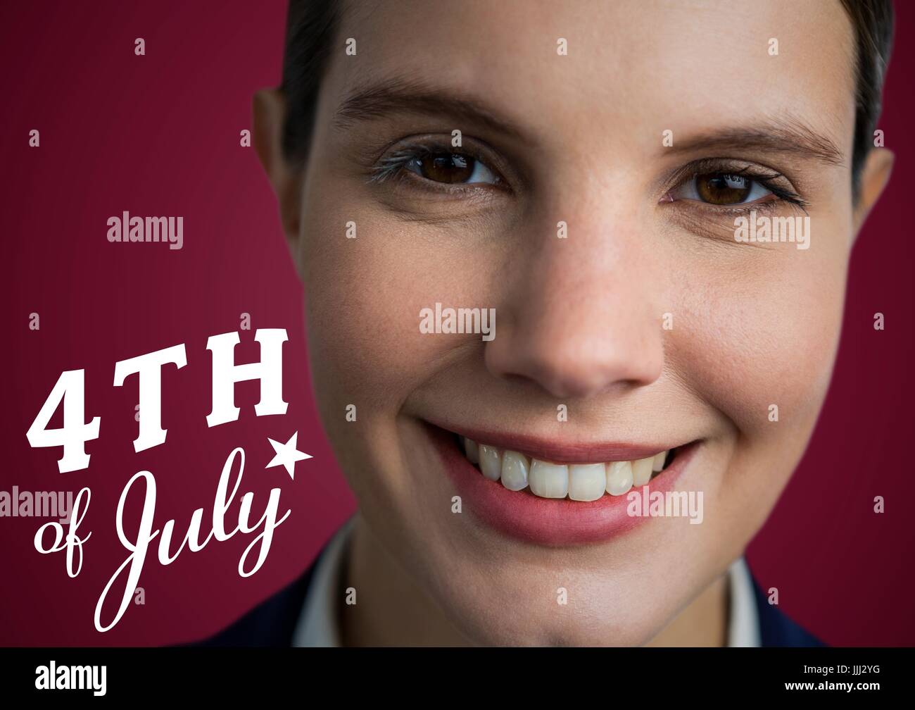 Portraiture of 3d woman with white fourth of July graphic against maroon background Stock Photo