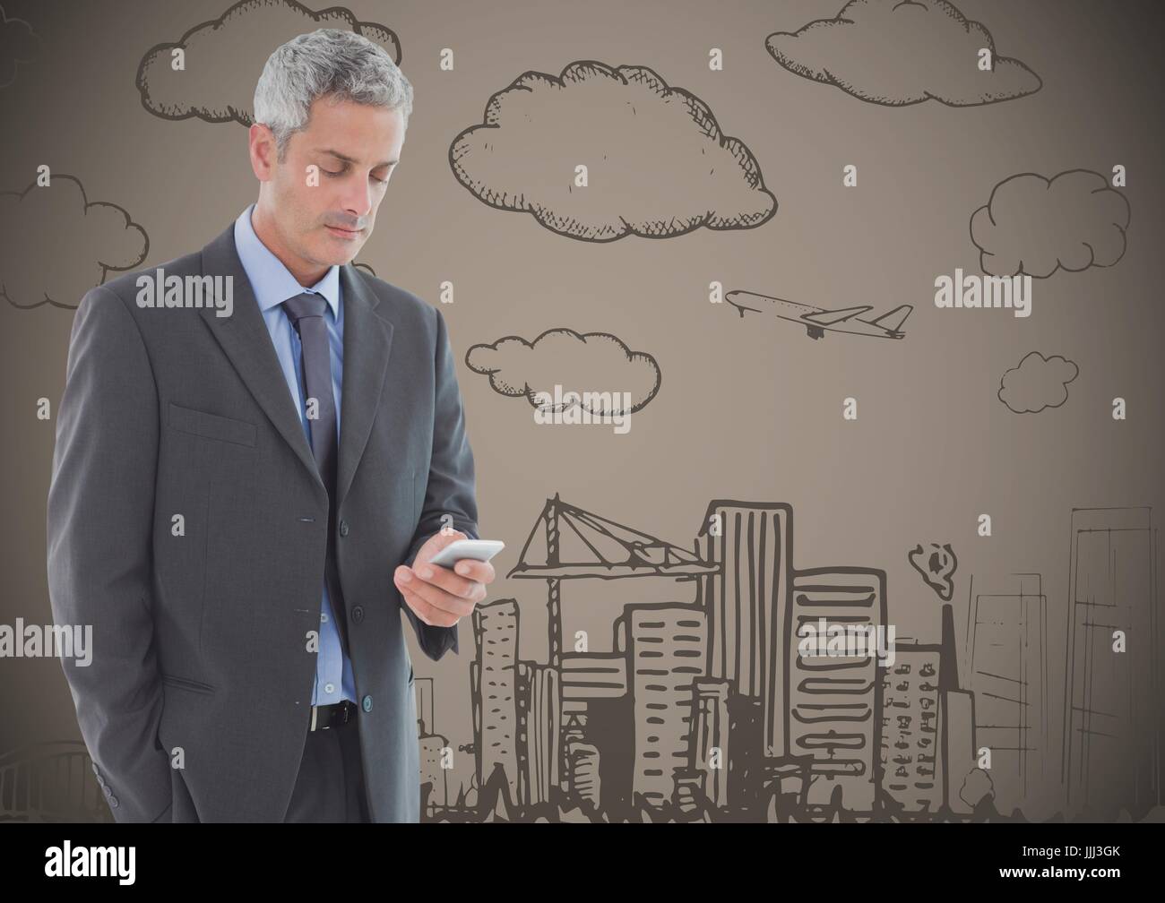 Business man texting against brown background with 3D city doodle Stock Photo