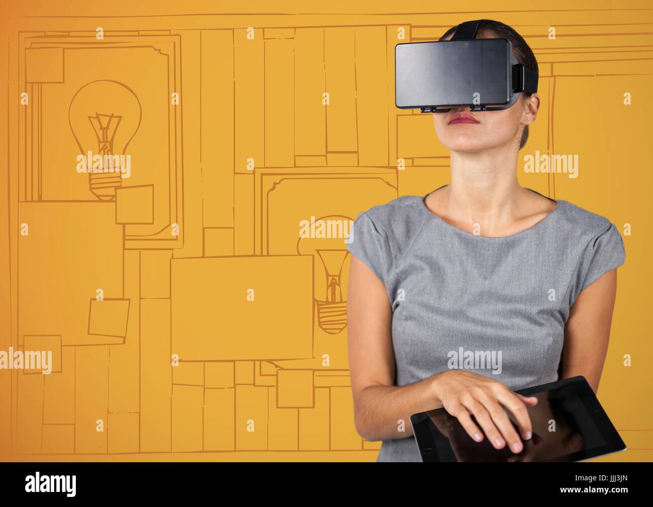 Business woman in virtual reality headset with tablet against 3D orange hand drawn wall with picture Stock Photo