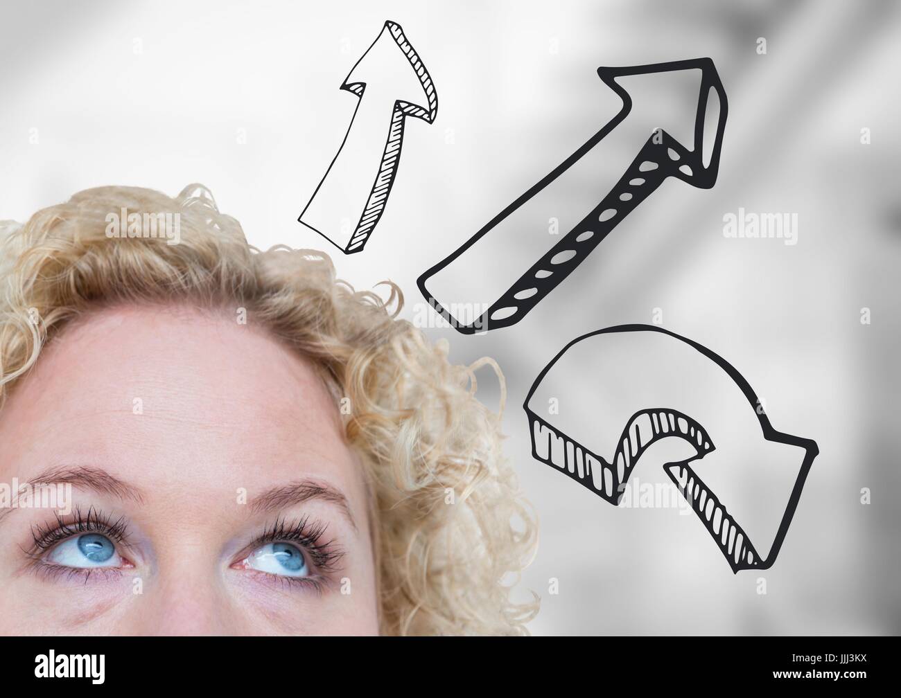 Top of woman's head and grey upward 3D arrows against blurry grey stairs Stock Photo