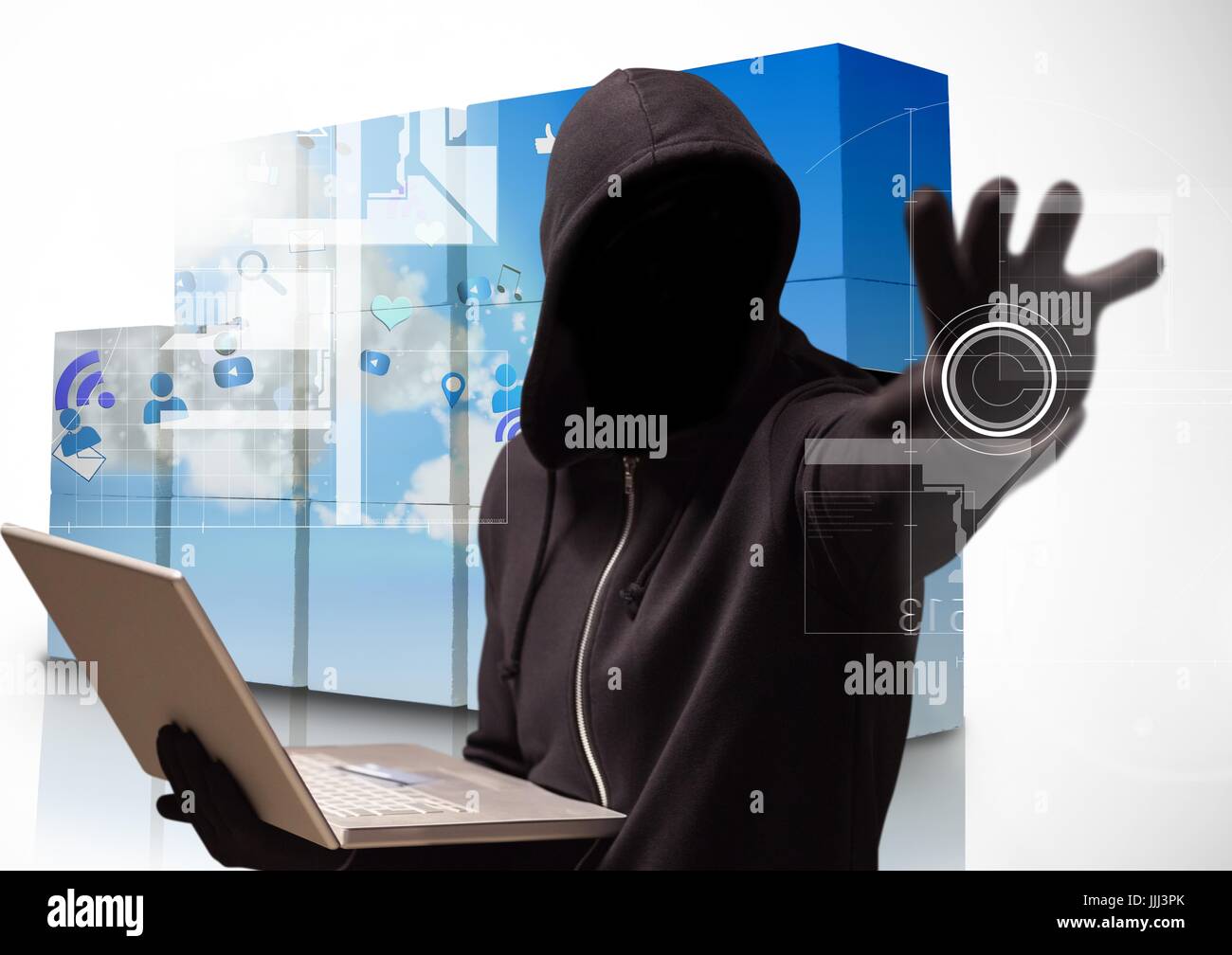 3d Hacker holding a laptop and  tendering his arm in a data center Stock Photo