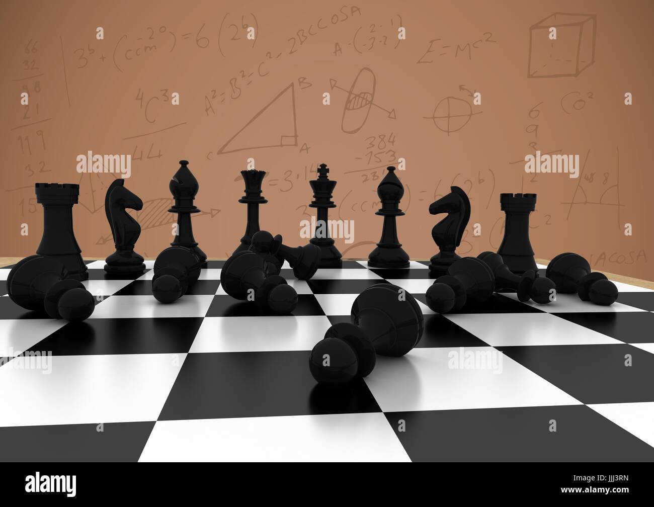3D Chess pieces against brown background with math doodles Stock Photo