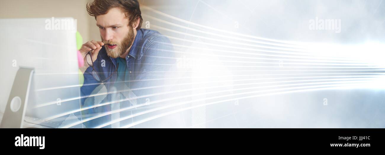 Innovative millennial at computer with white interface transition Stock ...