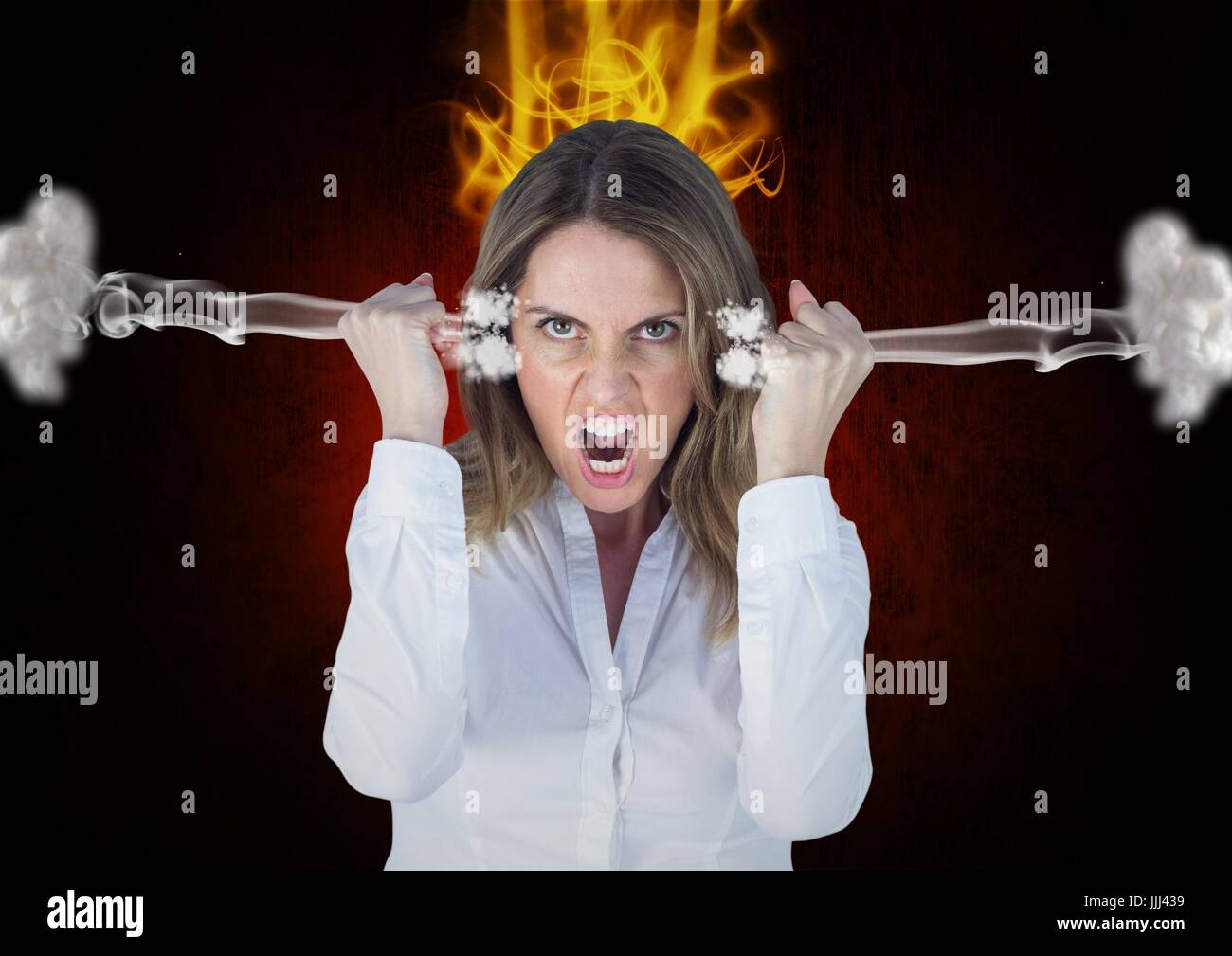 anger young woman shouting with 3d steam on ears and fire on head. Black background Stock Photo