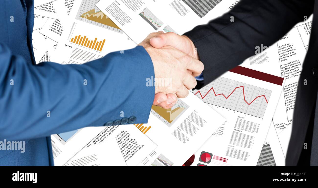 Business handshake against document backdrop Stock Photo Alamy