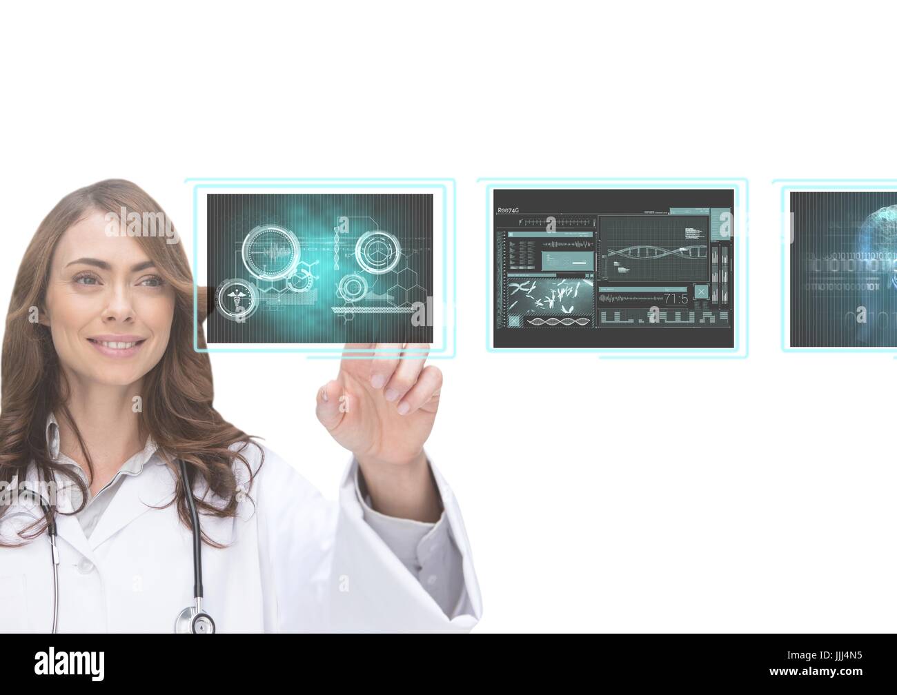 Woman doctor interacting with 3D medical interfaces against white background Stock Photo