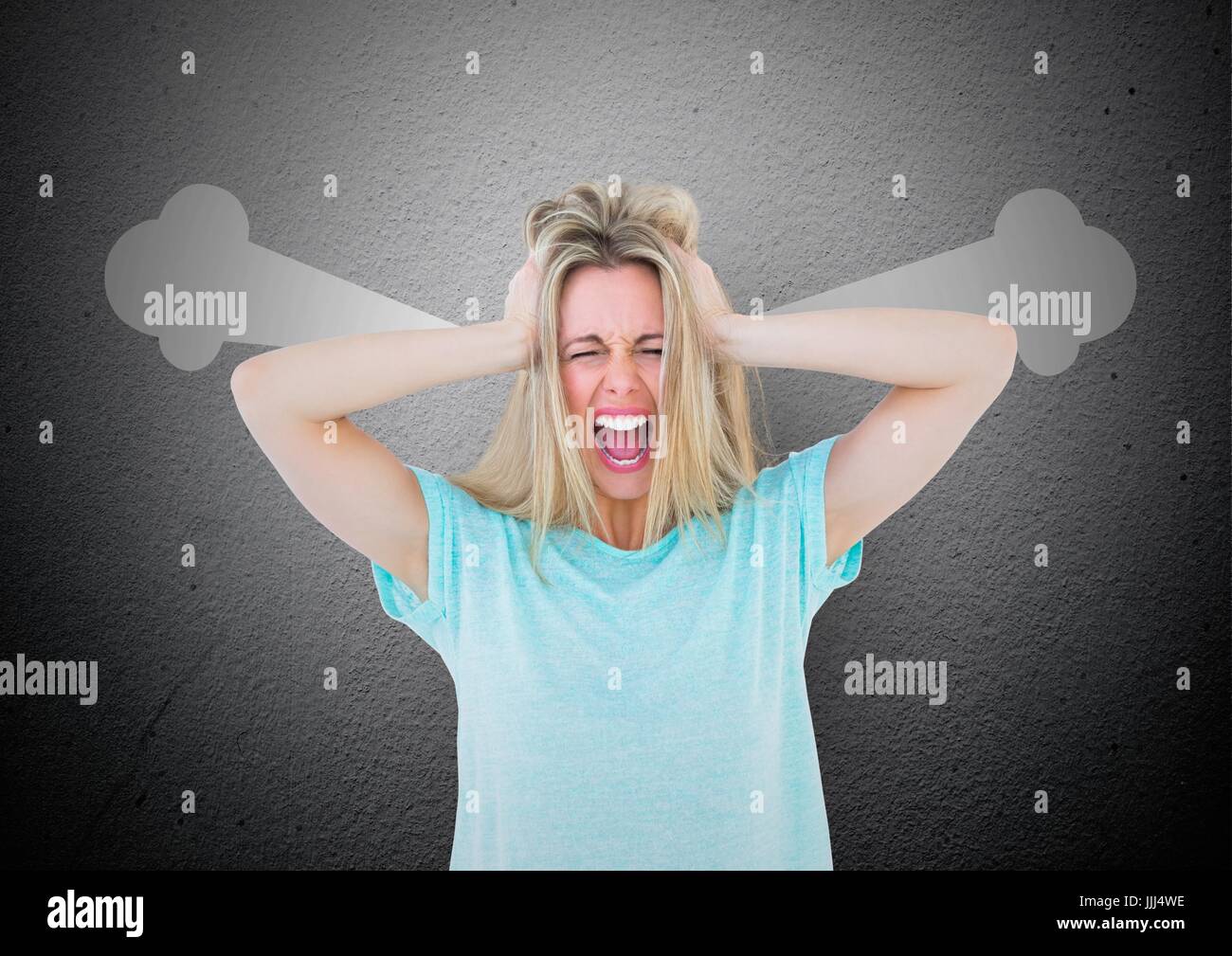 anger young woman shouting with steam on ears and hand on head. Stock Photo