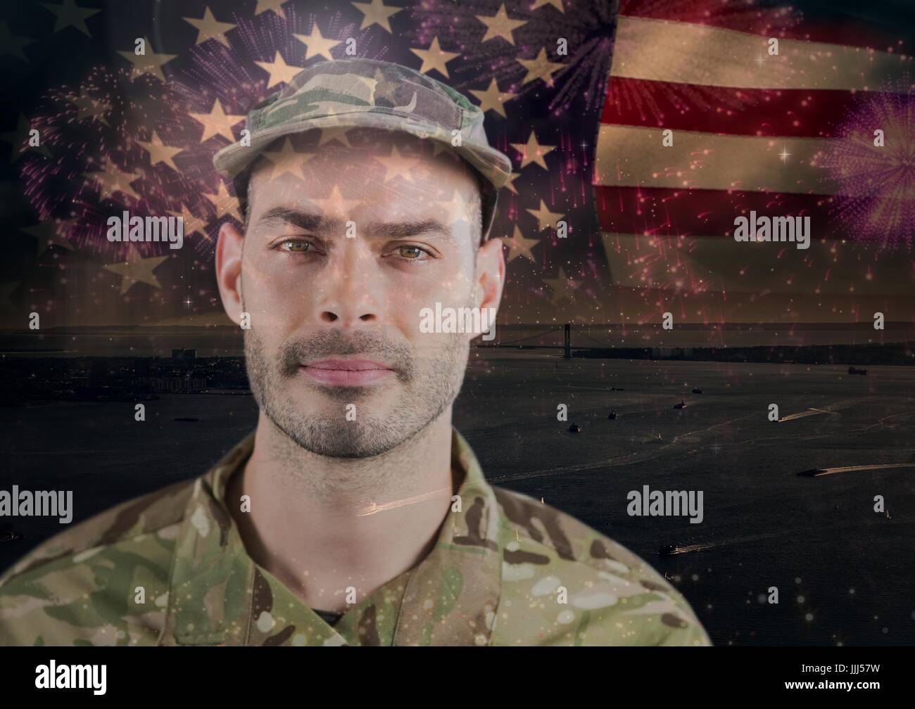 Happy soldier standing on a n american flag background Stock Photo