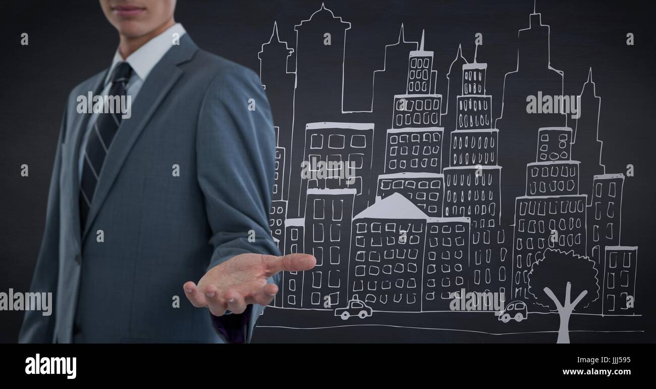 Business man mid section with hand out against navy wall and white city doodle Stock Photo