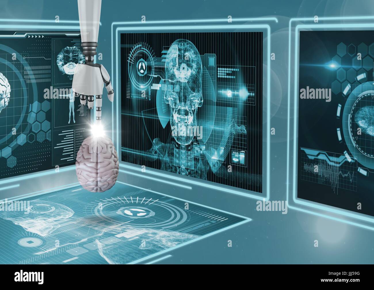 3D robot hand pointing a brain interface against background with medical interfaces 3d Stock Photo
