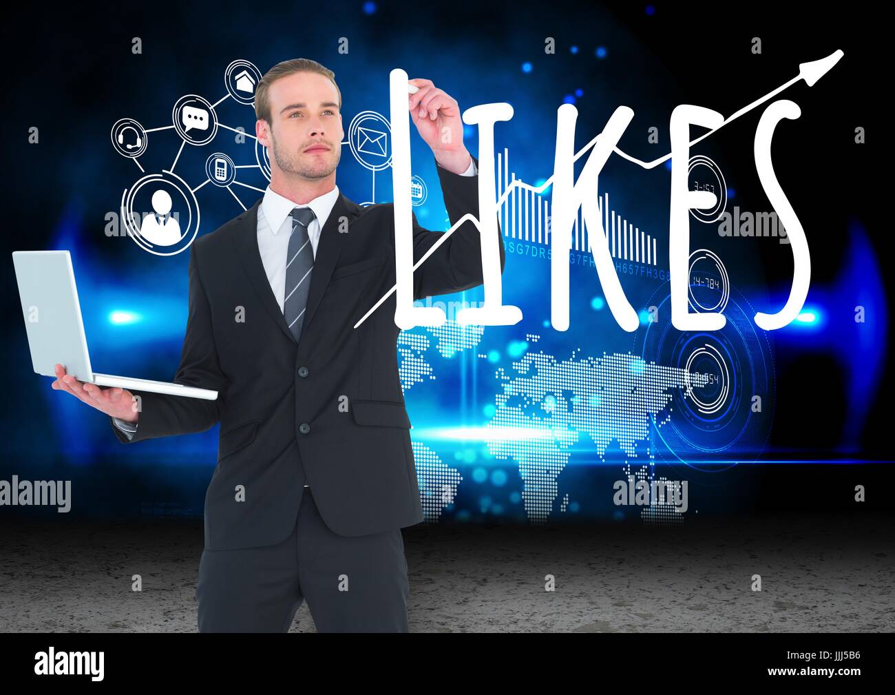 Young businessman with computer writing LIKES on the screen. World, connections ... background Stock Photo