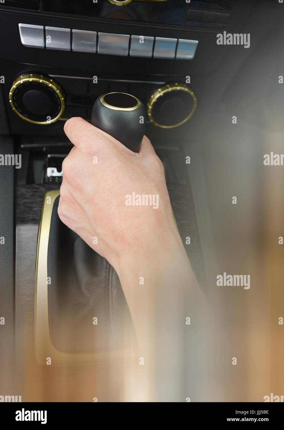Hand changing gears in car with transition effect Stock Photo Alamy