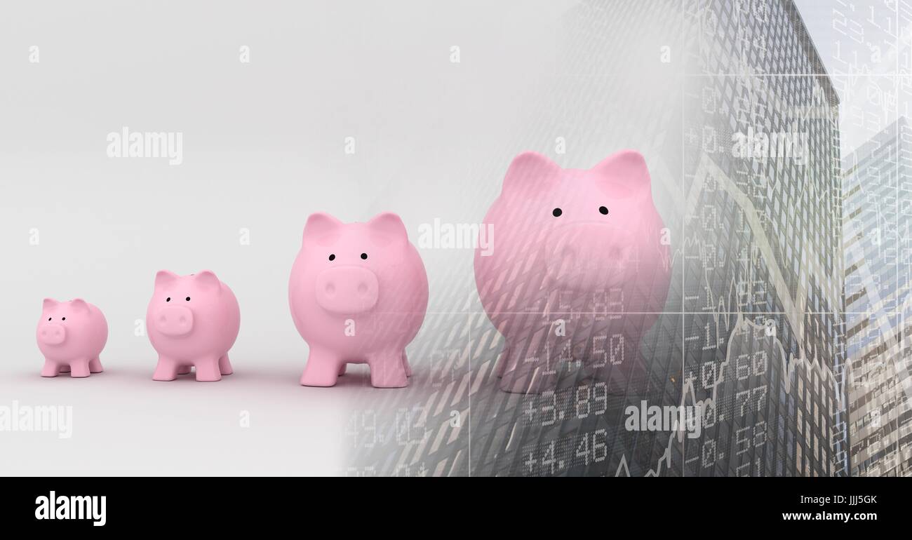 Piggy banks in row with city finance graph transition Stock Photo - Alamy