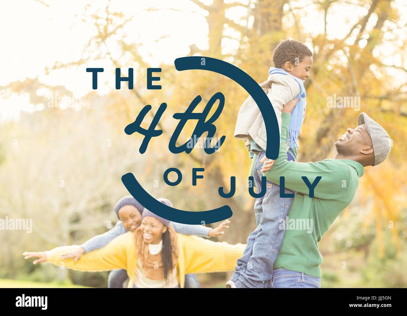 Blue fourth of July graphic against family in forest Stock Photo