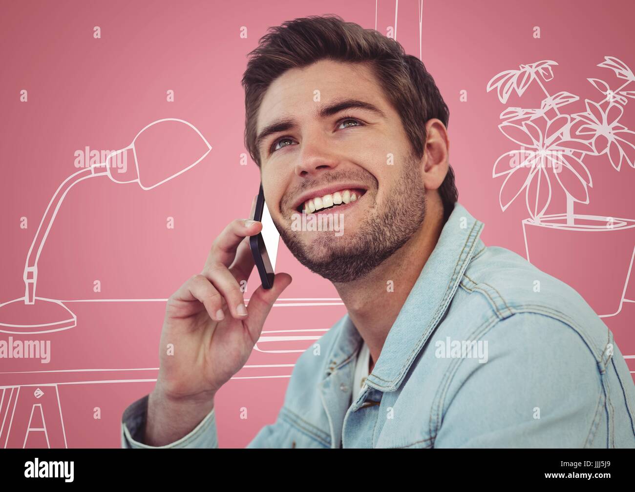 Millennial man on phones against pink and white 3D hand drawn office Stock Photo