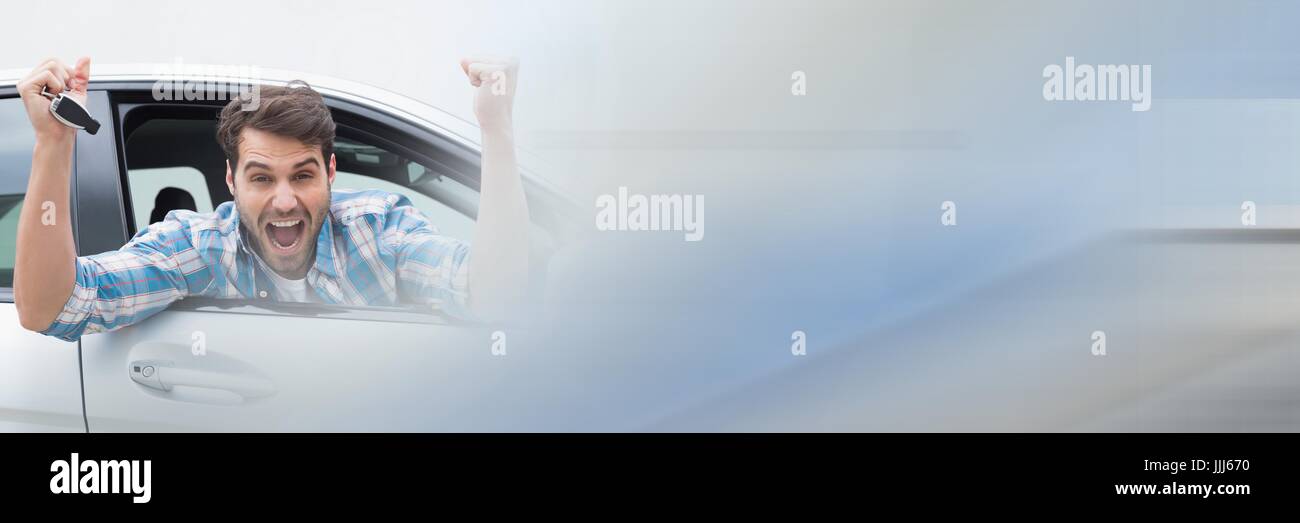 Man In car celebrating with copy space transition Stock Photo