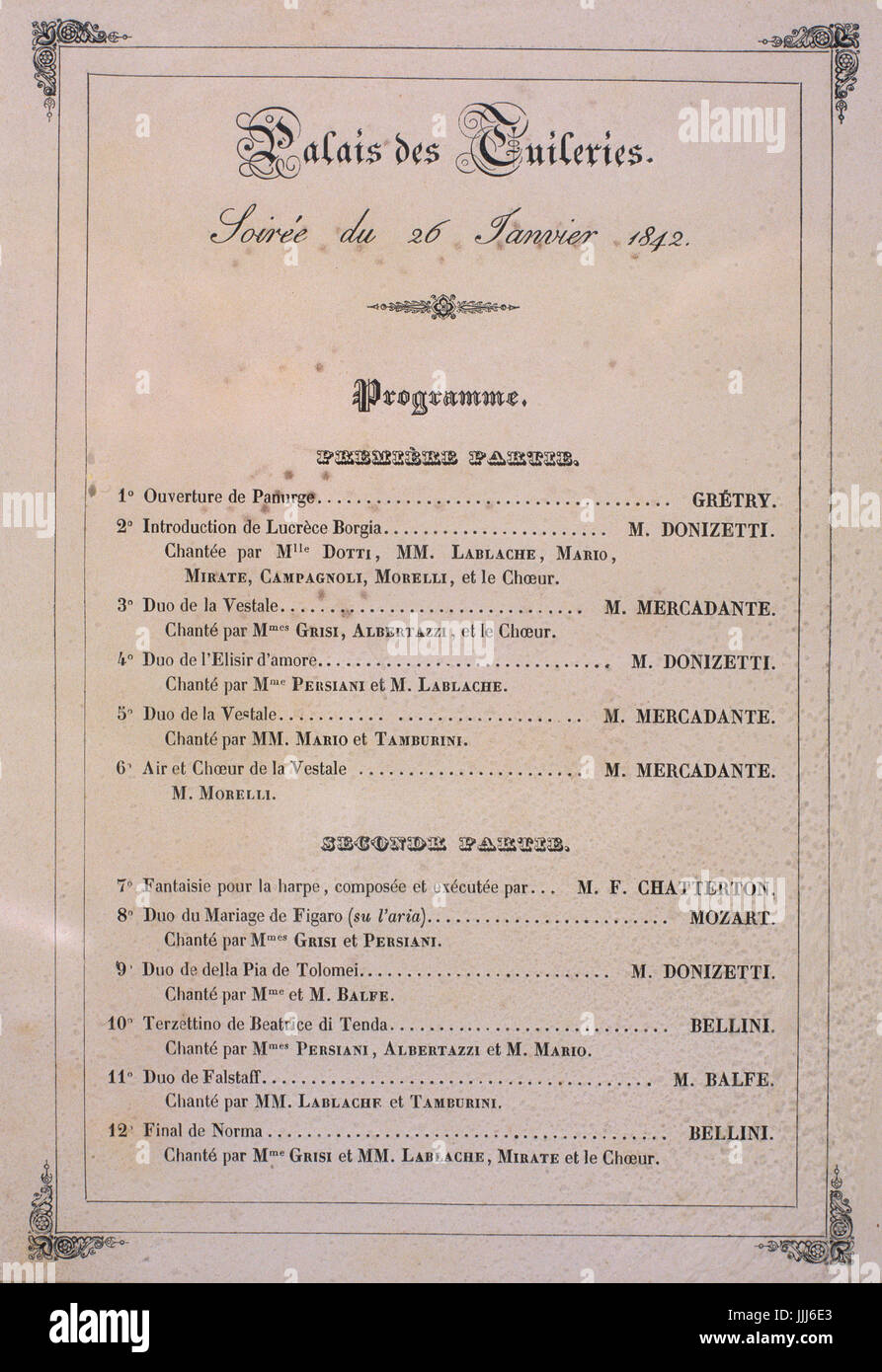 Tuileries Palace (Palais des Tuileries), Paris - silk programme from 1842 concert. Performed by Lablache, Grisi, Persiani, Tamburini, Campagnoli, Mirate, Mario. Singing music by Mercadante, Chatterton and others. Stock Photo